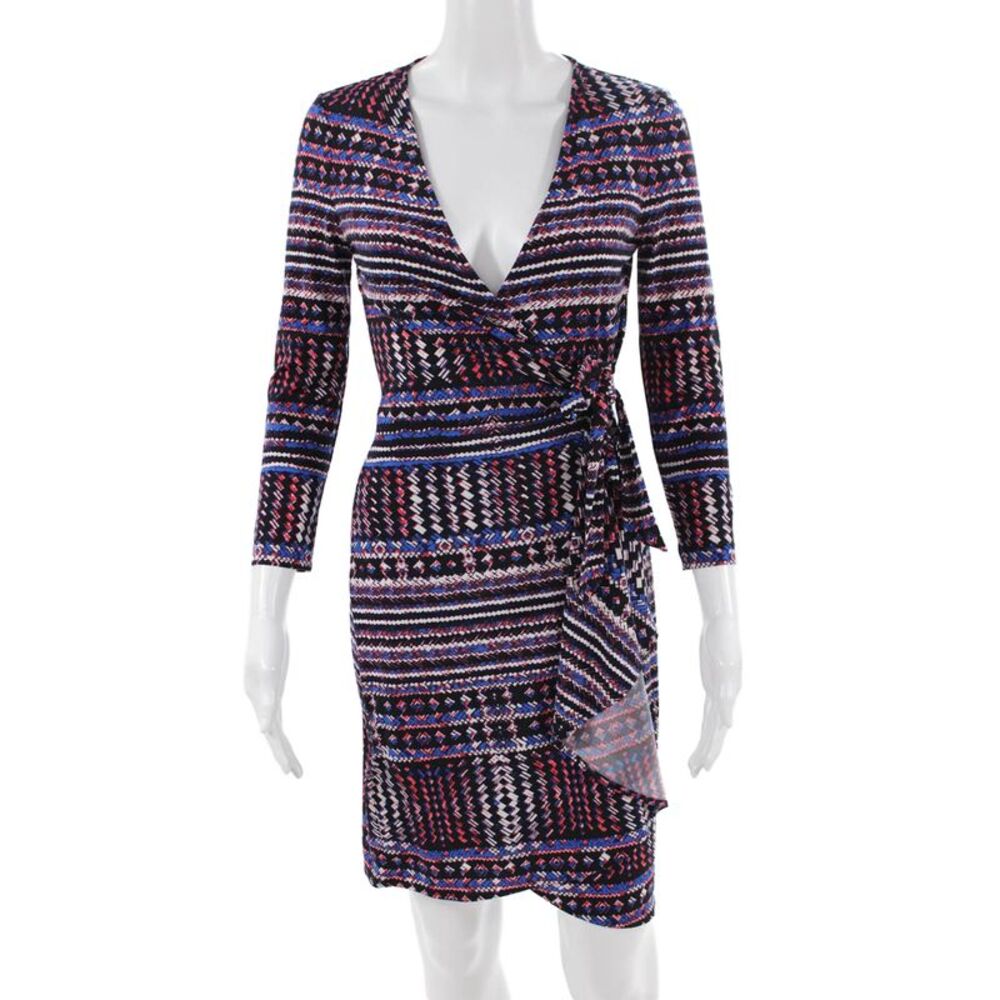 BCBG Max Azria Womens Wrap Dress Black V-Neck 3/4 Sleeve Aztec Size XS